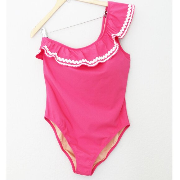 NEW J. Crew Barbie Pink Ruffled One Shoulder One Piece Swimsuit Size 14 $149 NWT - Picture 5 of 16
